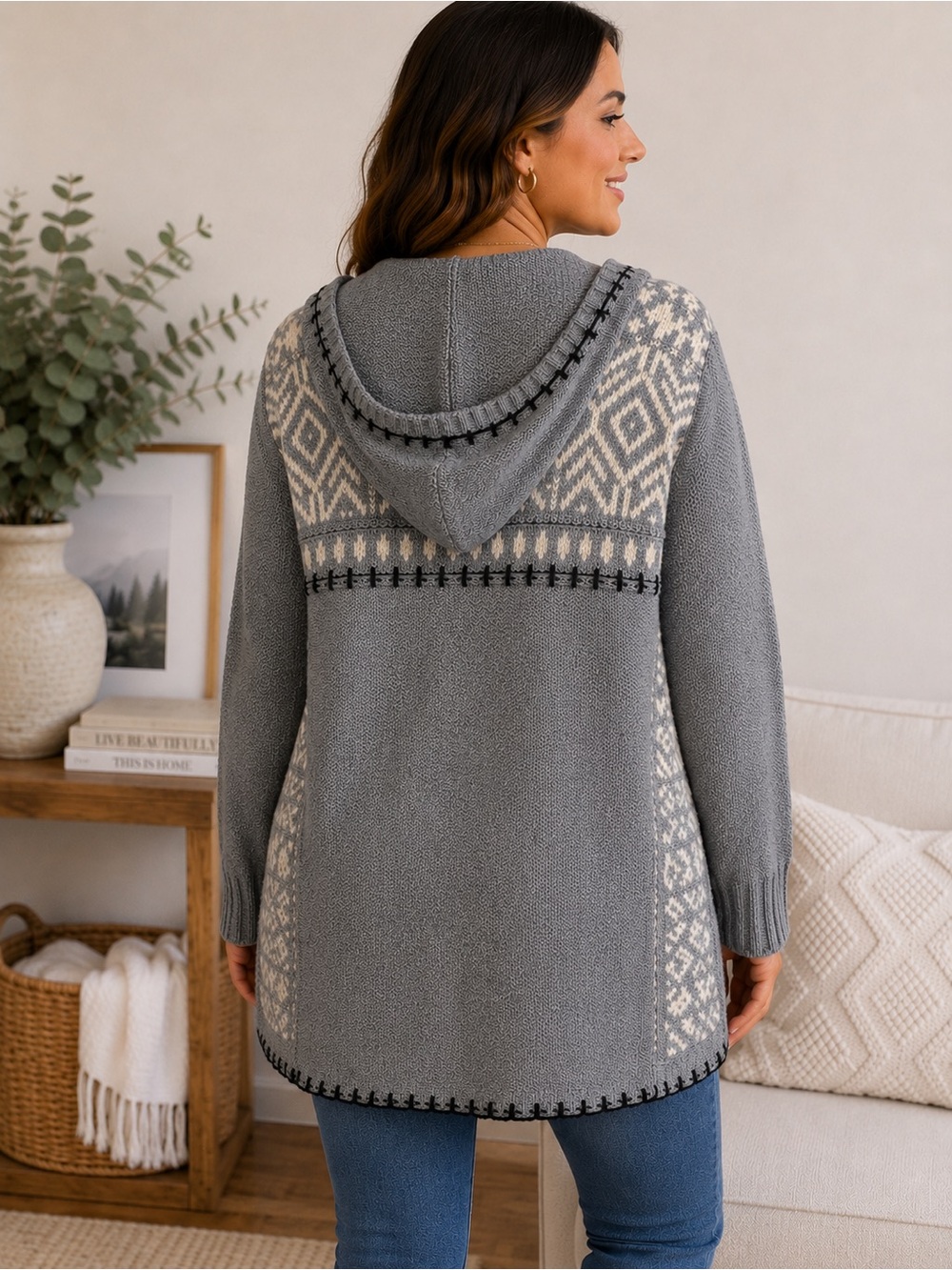 J.Jill Hooded Fair Isle Cardigan Sweater Size Medium Gray Cream - Picture 2 of 10